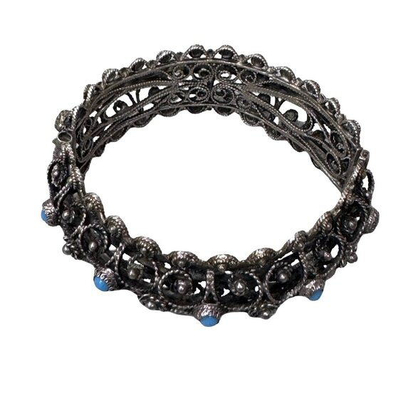 Vtg Silver Filigree Bracelet Turquoise & Clip-On Earrings Set Blue Safety Chain - Picture 3 of 10